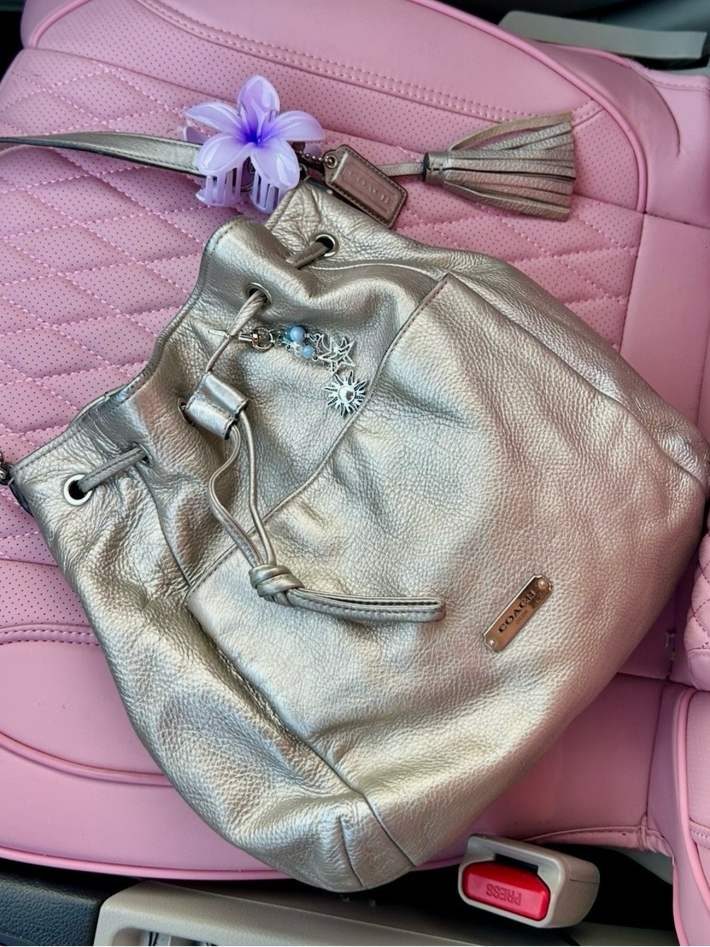 Coach Metallic Silver Drawstring Bucket Bag